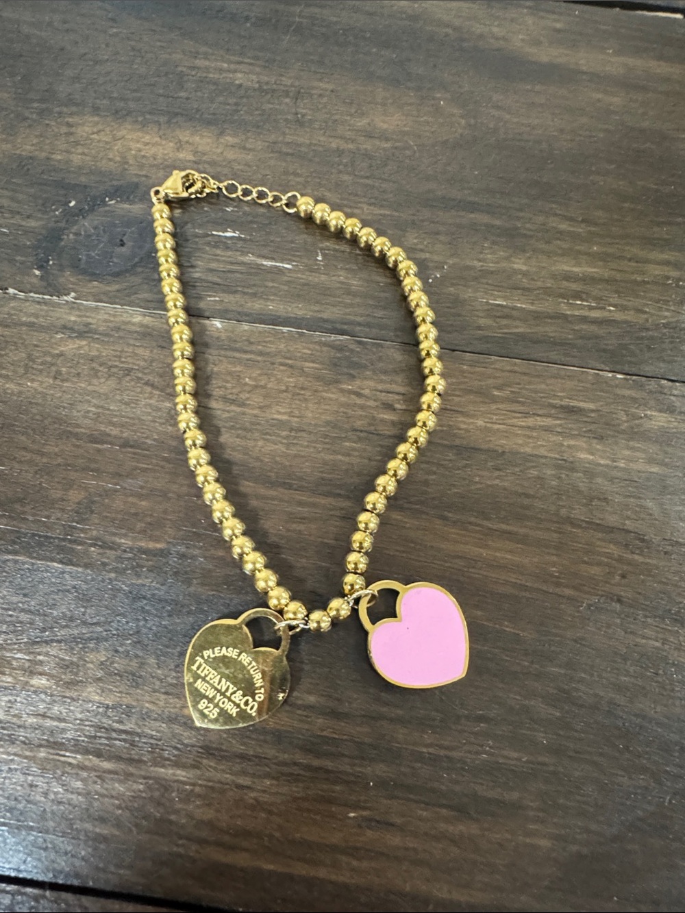 Gold Beaded  bracelet with Pink Heart Charm